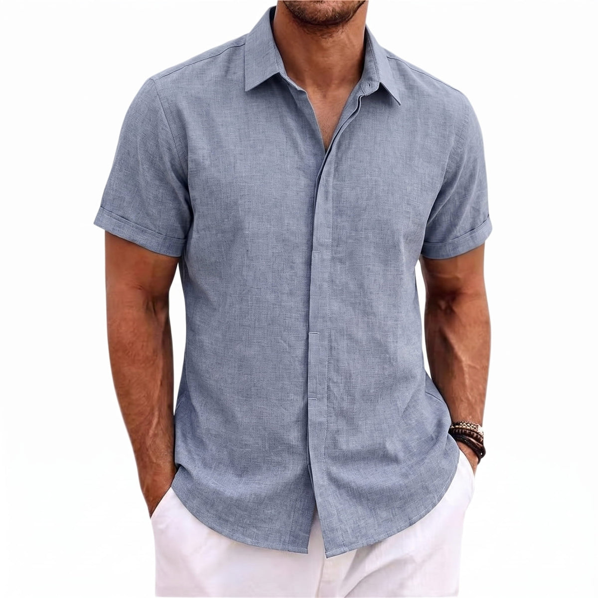 Freizeithemd in Leinenoptik für Männer mit kurzen Ärmeln-Blau-S-Chaps Herrenmode