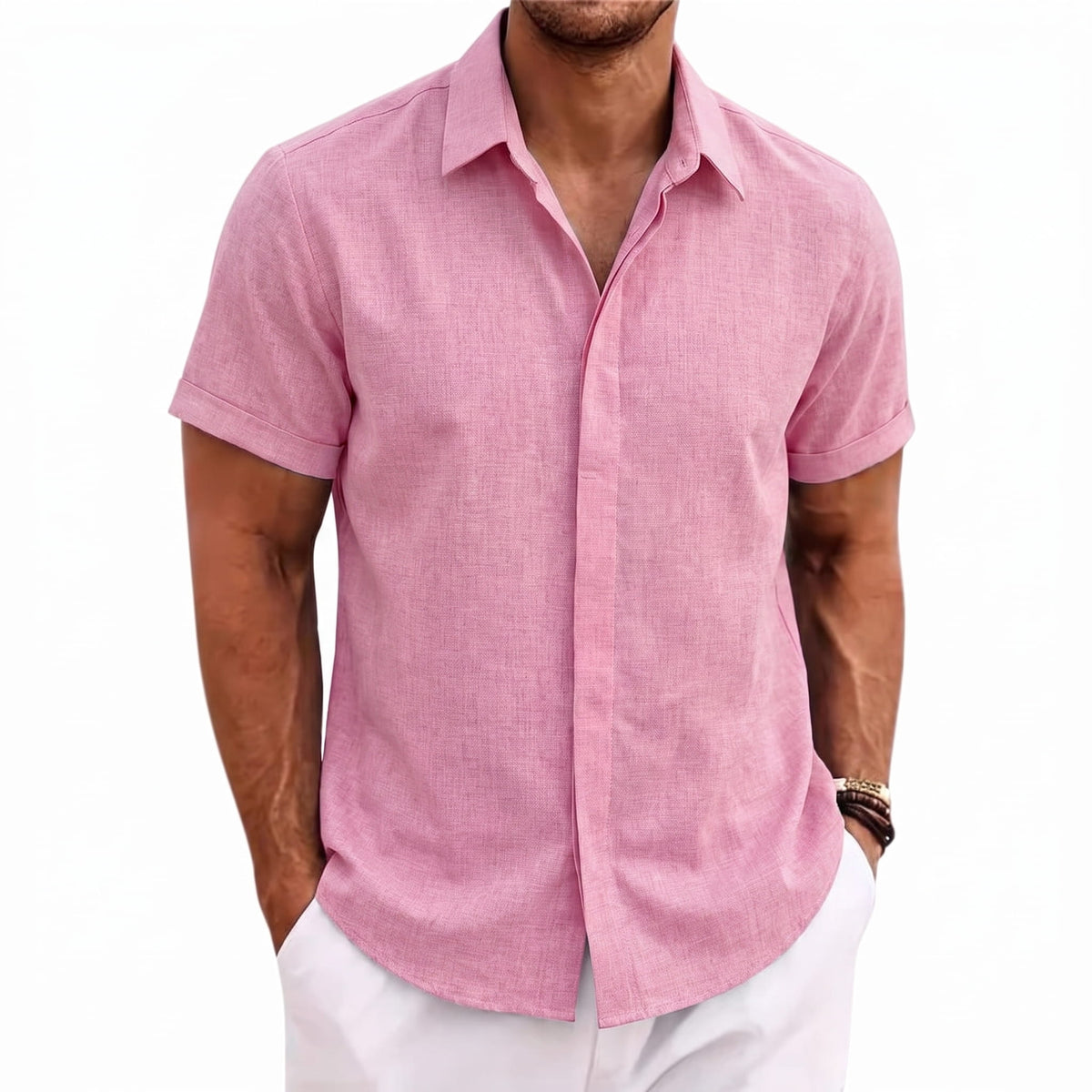 Freizeithemd in Leinenoptik für Männer mit kurzen Ärmeln-Rosa-S-Chaps Herrenmode