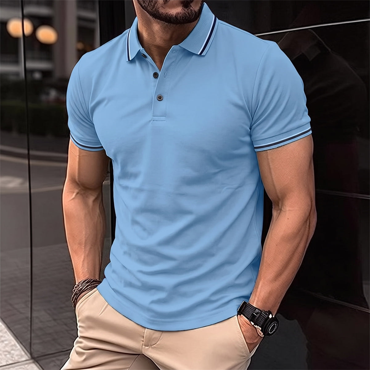 Polo-Shirt – Herren-Polohemd mit Knöpfen, Kragen und kurzen Ärmeln-Hellblau-S-Chaps Herrenmode