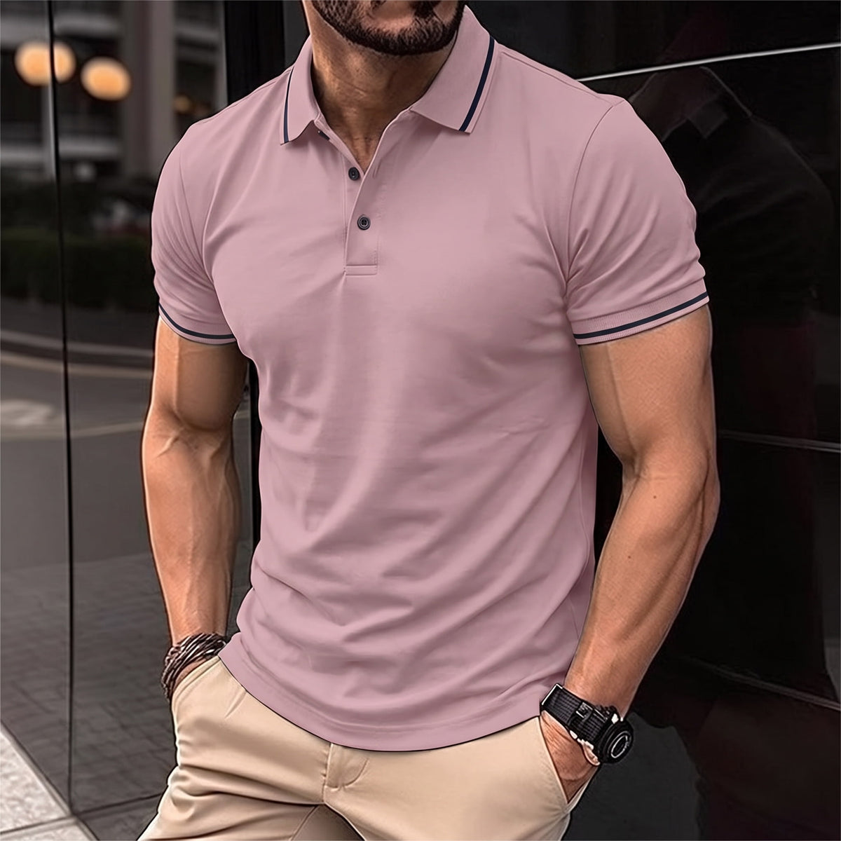 Polo-Shirt – Herren-Polohemd mit Knöpfen, Kragen und kurzen Ärmeln-Rosa-S-Chaps Herrenmode