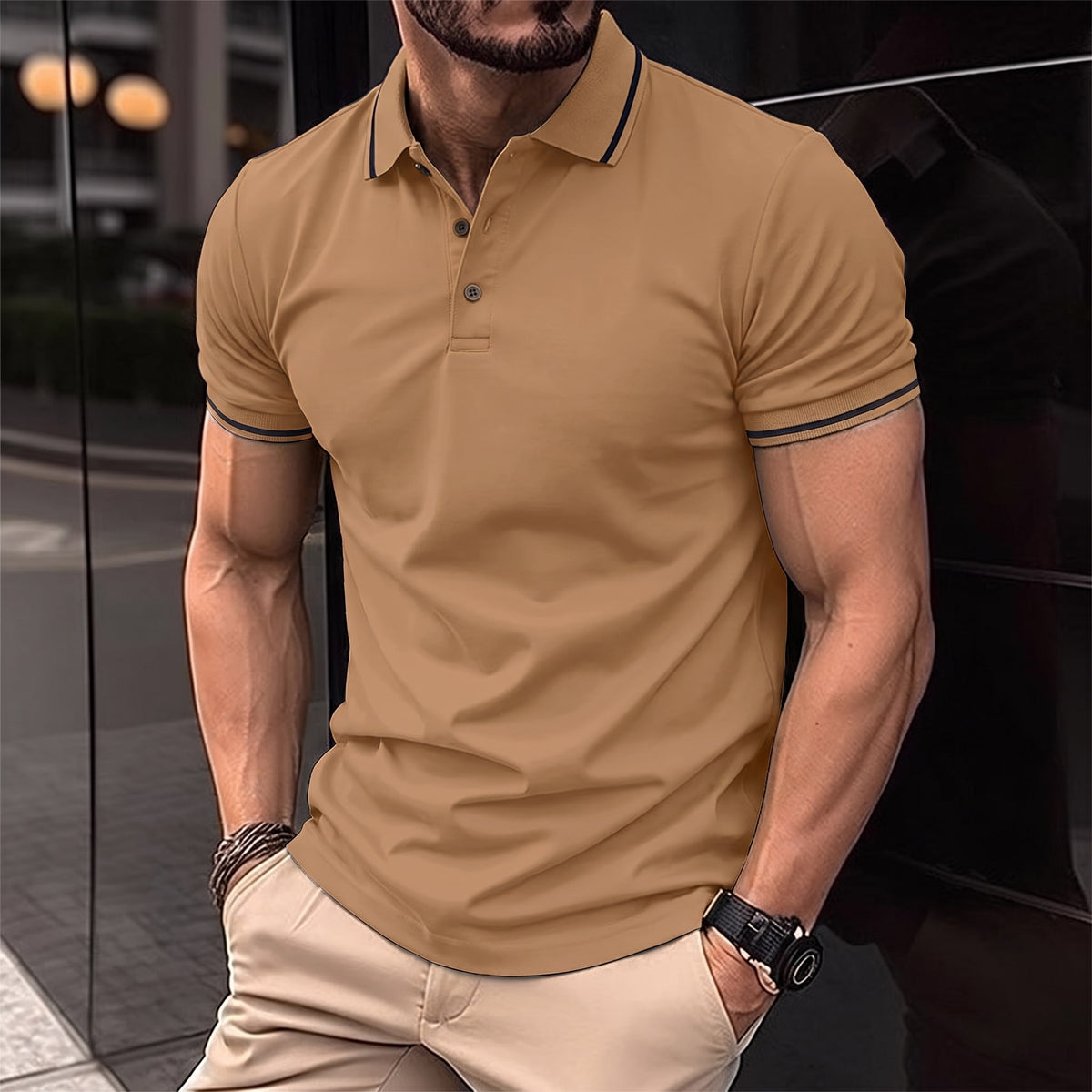 Polo-Shirt – Herren-Polohemd mit Knöpfen, Kragen und kurzen Ärmeln-Hellbraun-S-Chaps Herrenmode