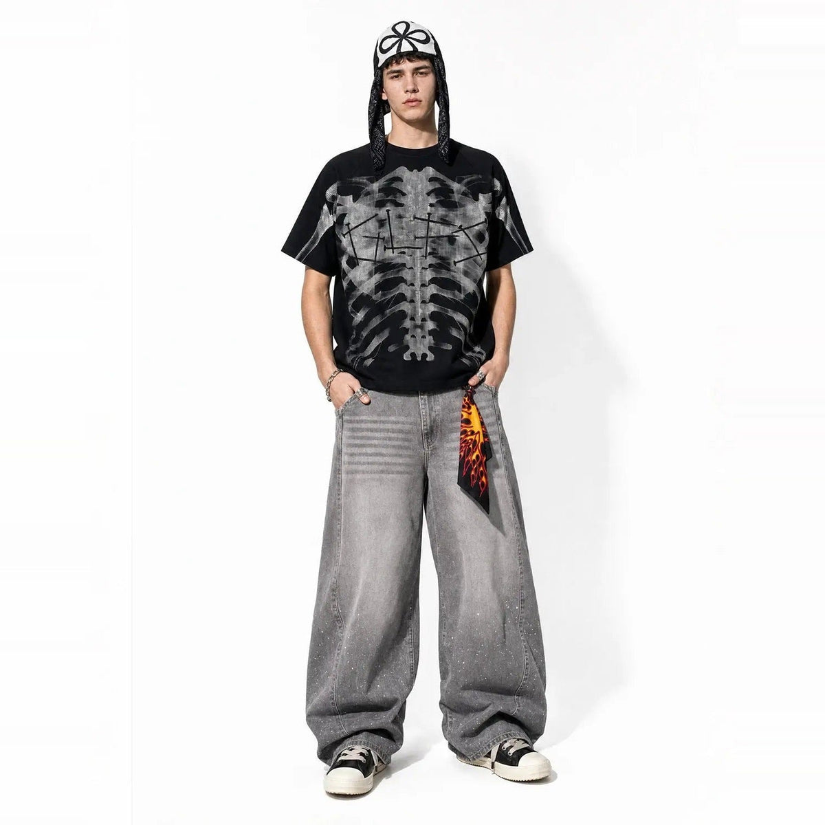 Röntgen Skelett T-Shirt | Oversized | Waffelstruktur | Brustkorb Print-Chaps Herrenmode