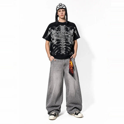 Röntgen Skelett T-Shirt | Oversized | Waffelstruktur | Brustkorb Print-Chaps Herrenmode