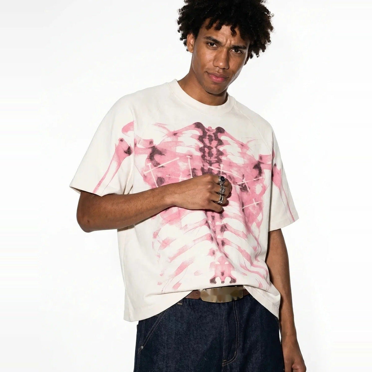 Röntgen Skelett T-Shirt | Oversized | Waffelstruktur | Brustkorb Print-Chaps Herrenmode