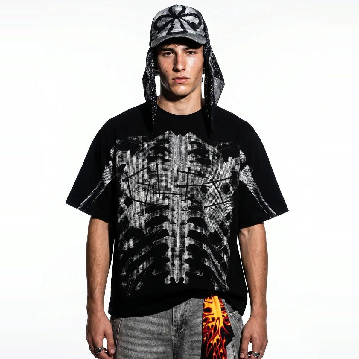Röntgen Skelett T-Shirt | Oversized | Waffelstruktur | Brustkorb Print-Chaps Herrenmode