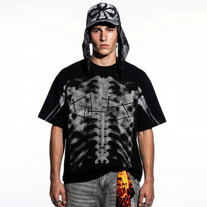 Röntgen Skelett T-Shirt | Oversized | Waffelstruktur | Brustkorb Print-Chaps Herrenmode