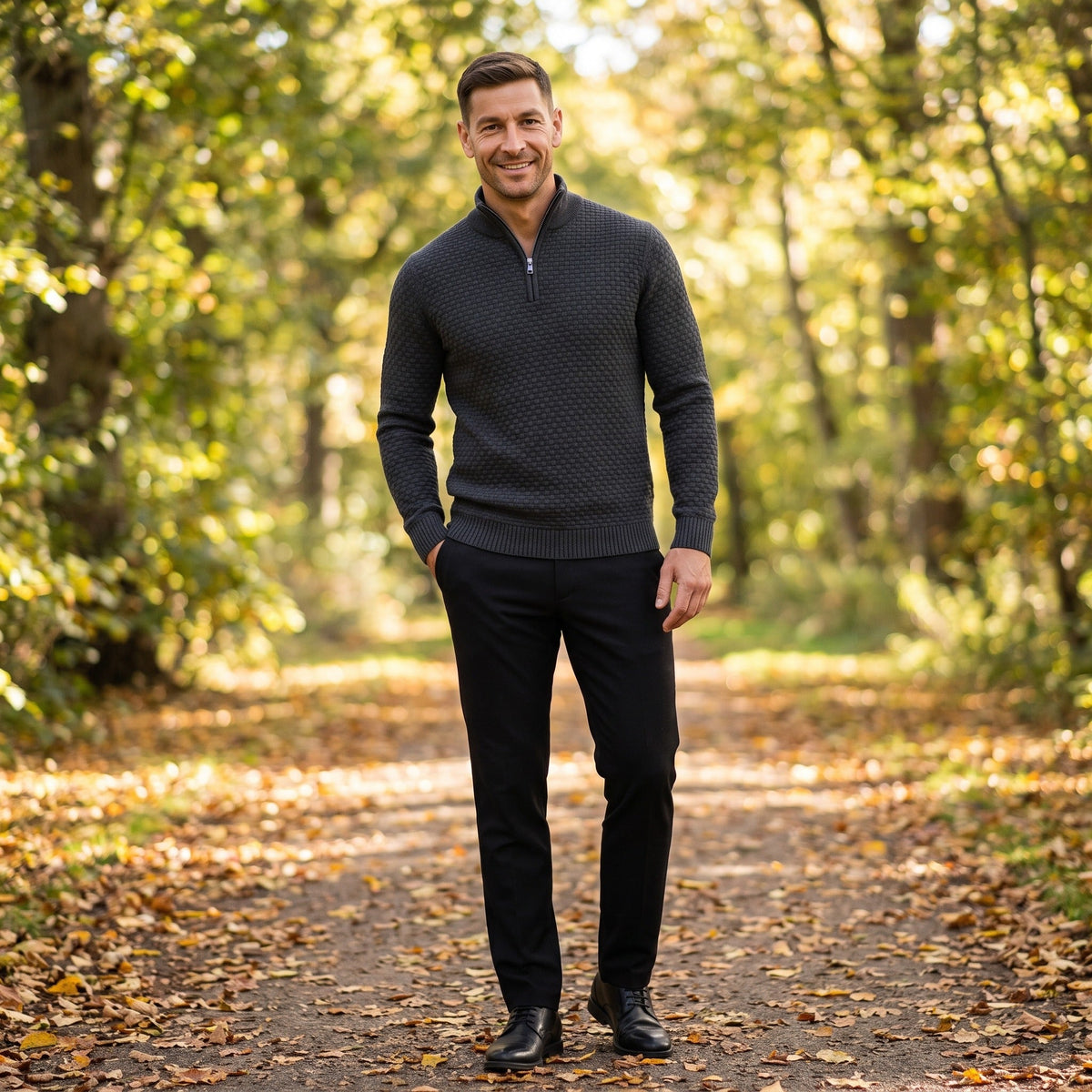 Waffelstrick Troyer Herren | Stehkragen | Reißverschluss | Smart Casual