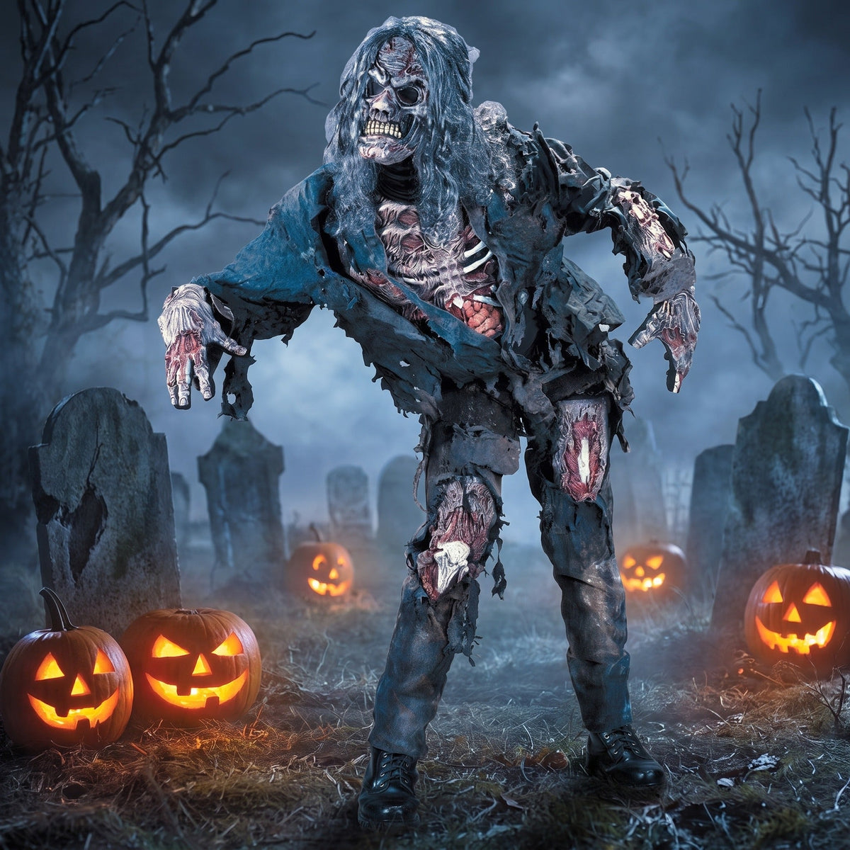 Zombie Kostüm Erwachsene | Blau | Oberteil | Hose | Maske-Chaps Herrenmode