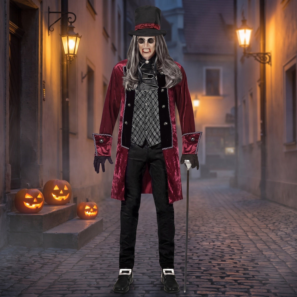 Vampir Kostüm Männer | Weinroter Gehrock | Weste | Jabot | Zylinder-Chaps Herrenmode