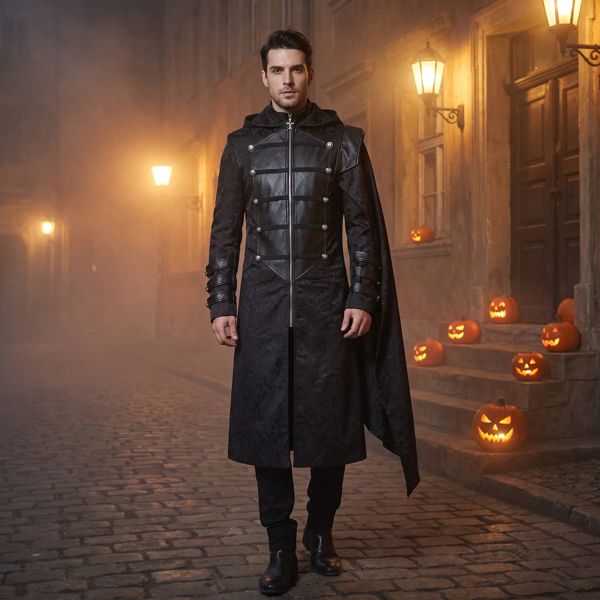 Gothic Kapuzenmantel Herren | Jacquard | Schulterumhang | Reißverschluss | Schwarz-Chaps Herrenmode