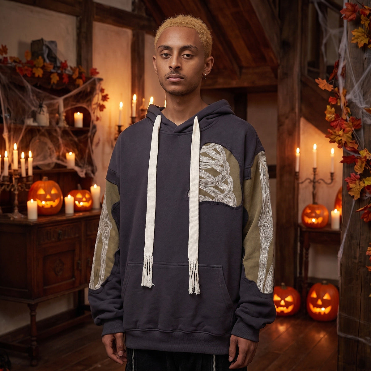 Patchwork Skelett Hoodie Herren | Bestickte Knochen | Oversized | 2 Farben-Chaps Herrenmode