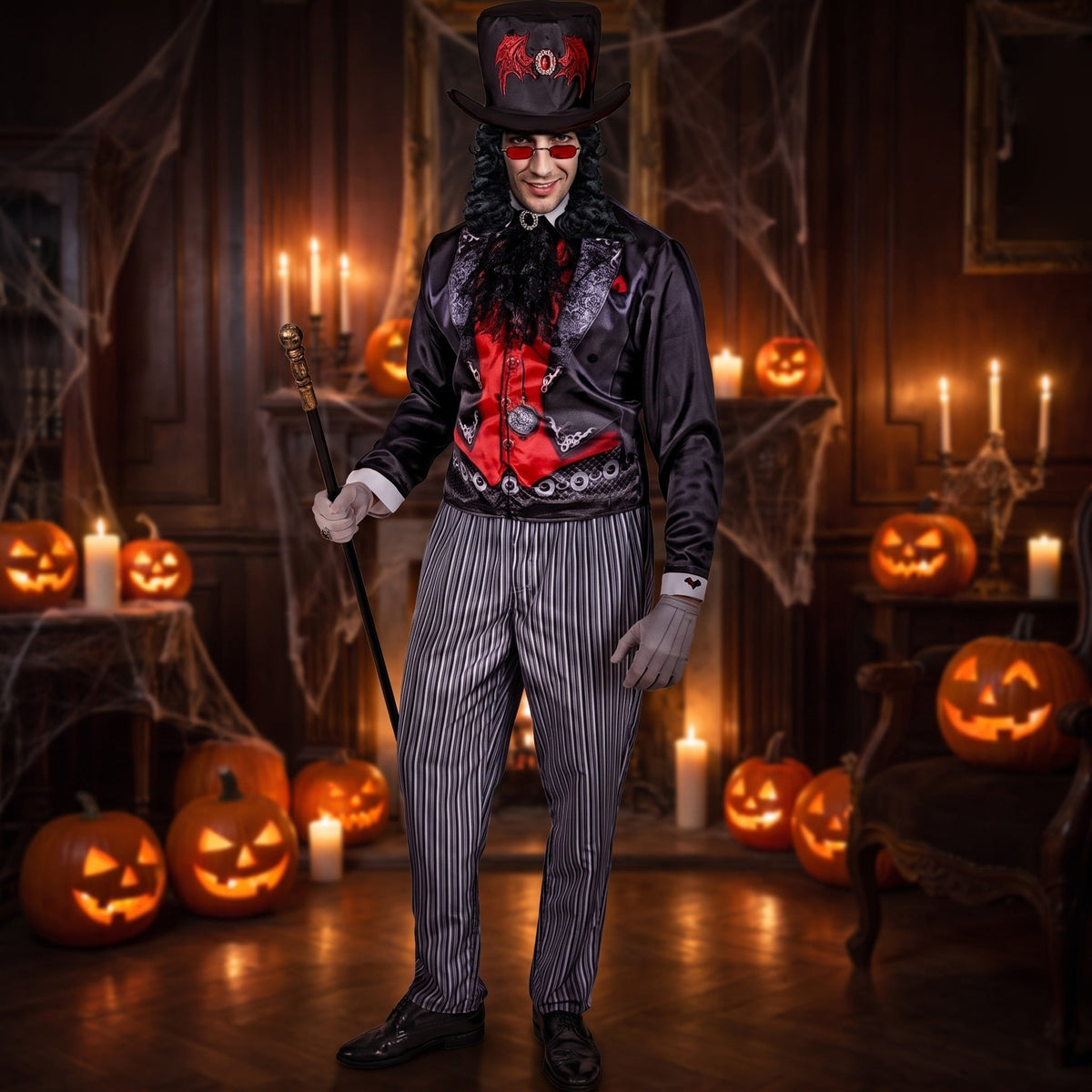 Gothic Vampir Kostüm | Frackjacke | Nadelstreifenhose | Zylinder | Jabot-Chaps Herrenmode