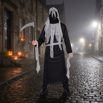 Zombie Geist Kostüm | Robe | Kapuzenmaske mit Fetzen | Schärpe