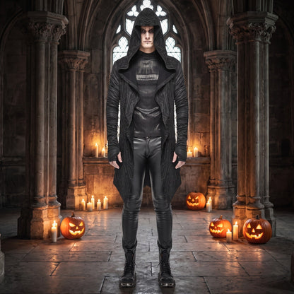 Gothic Kapuzen Cardigan Herren | Schaltkreis Muster | Lang | Offen | Schwarz-Chaps Herrenmode