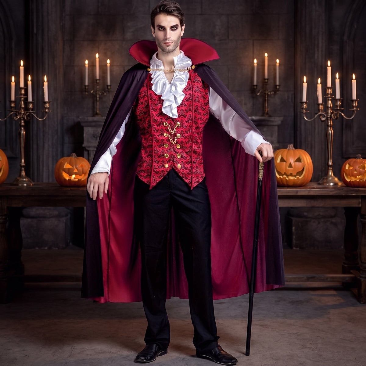 Vampir Kostüm Erwachsene | Langer Umhang | Rüschenhemd | Weste-Chaps Herrenmode