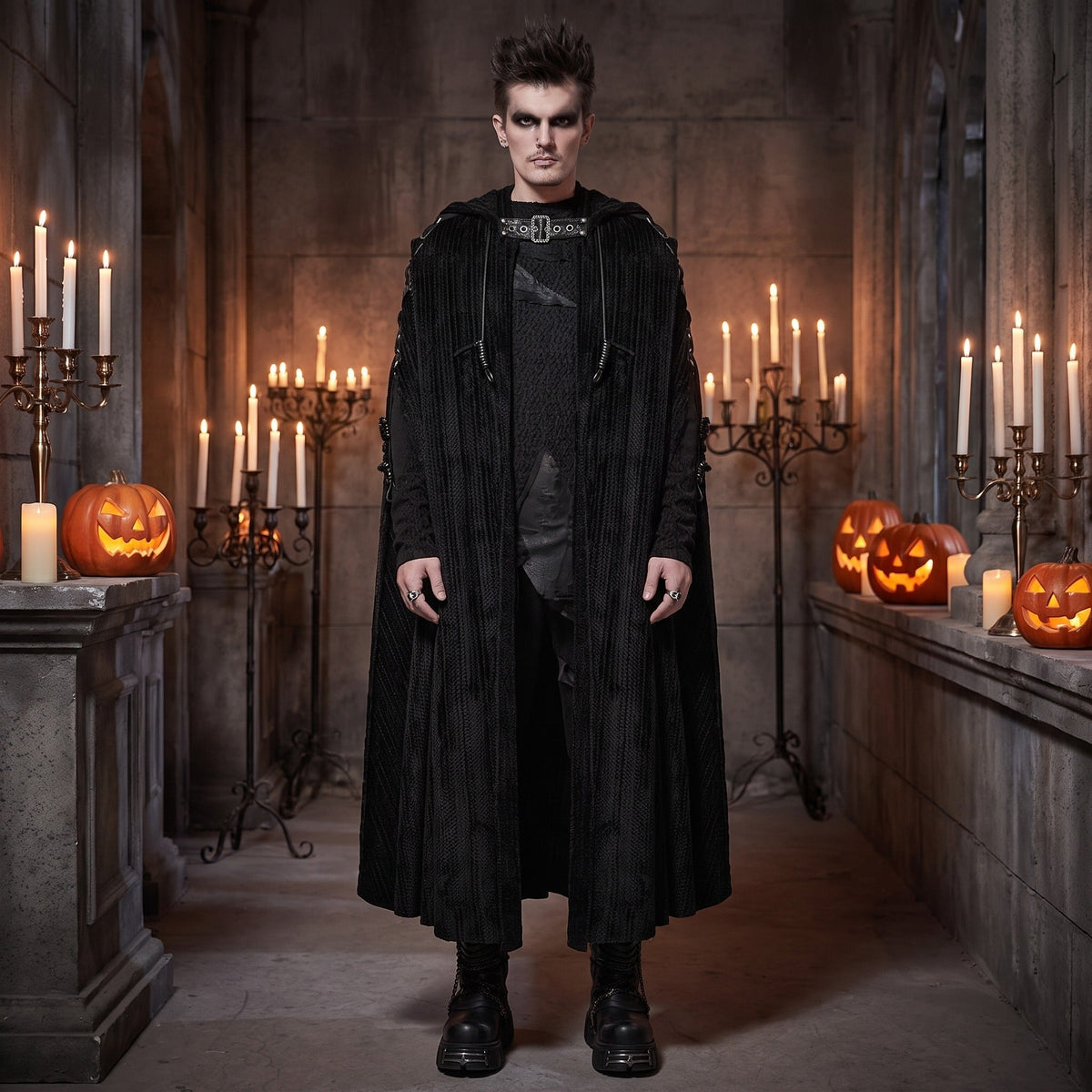 Gothic Umhang Herren | Kapuze | Chenille | Schnallenriemen | Schnürung-Chaps Herrenmode