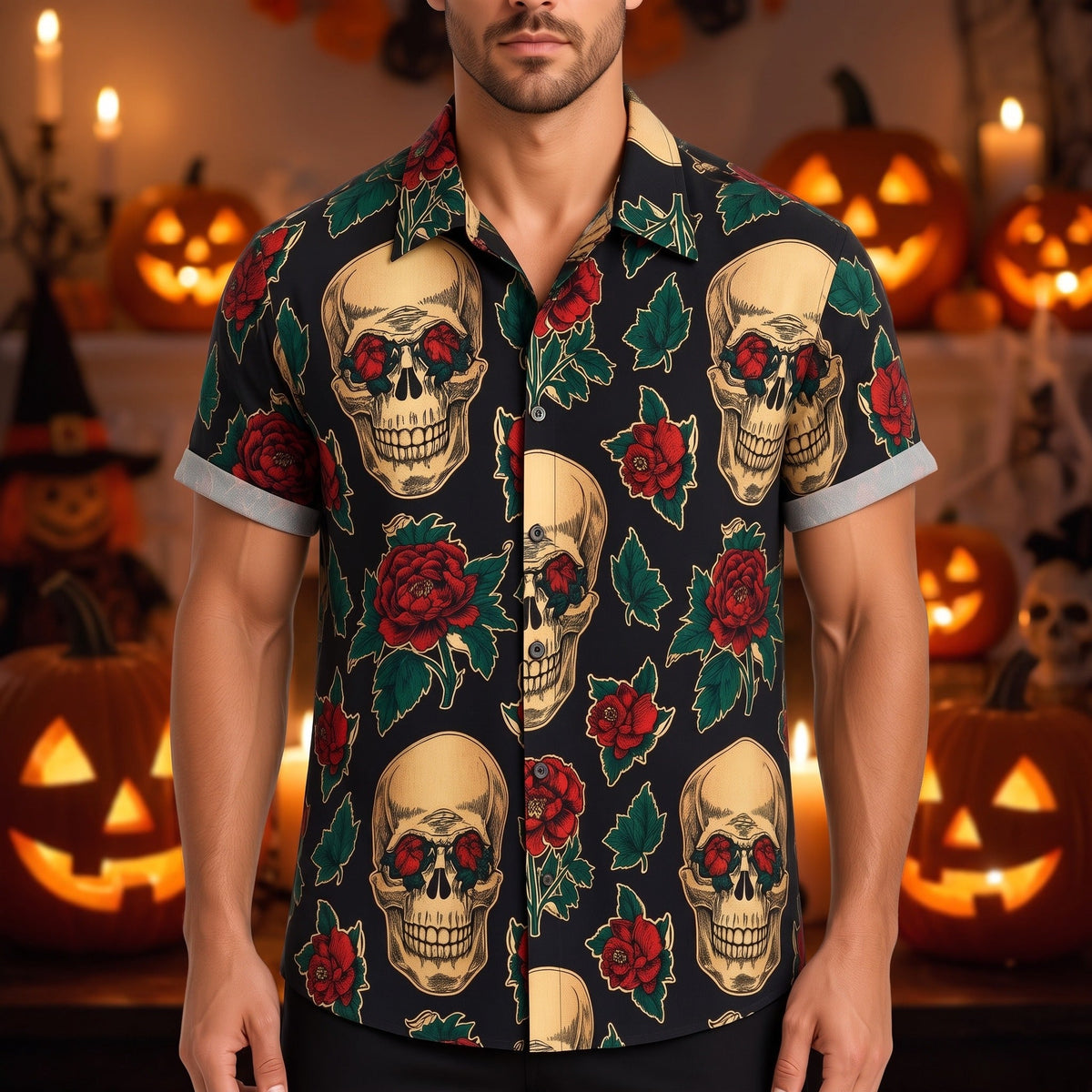 Totenkopf Hemd Herren | Kurzarm | Blumen Print | Reverskragen | 8 Designs