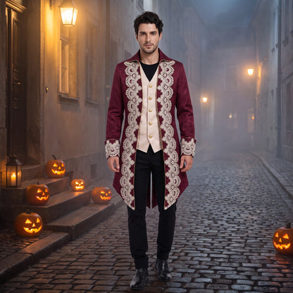 Viktorianischer Gehrock Herren | Weinrot | Jacquard | Spitze | Steampunk-Chaps Herrenmode