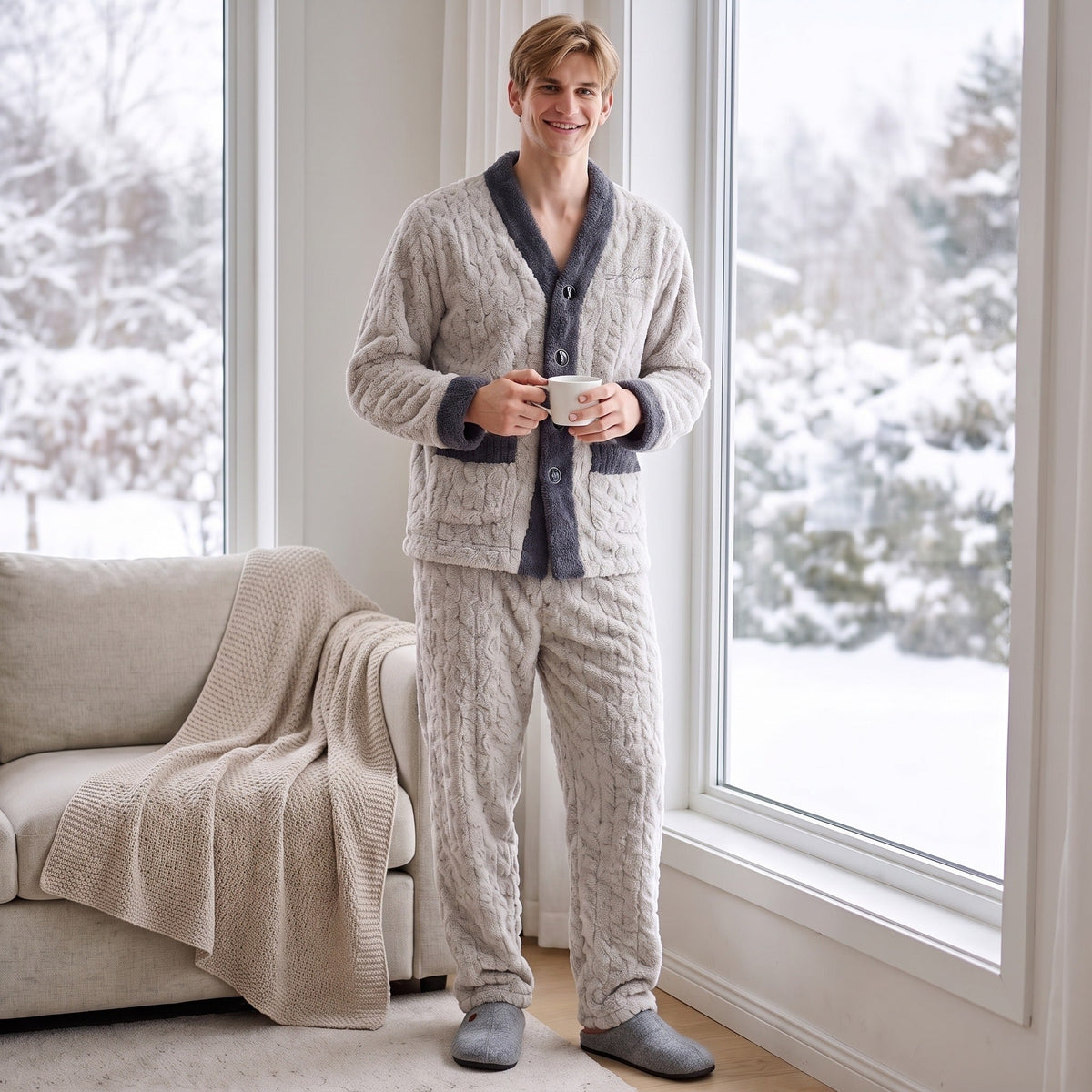Schlafanzug Herren | Lang | Korallenfleece | Zweiteilig | Knopfjacke