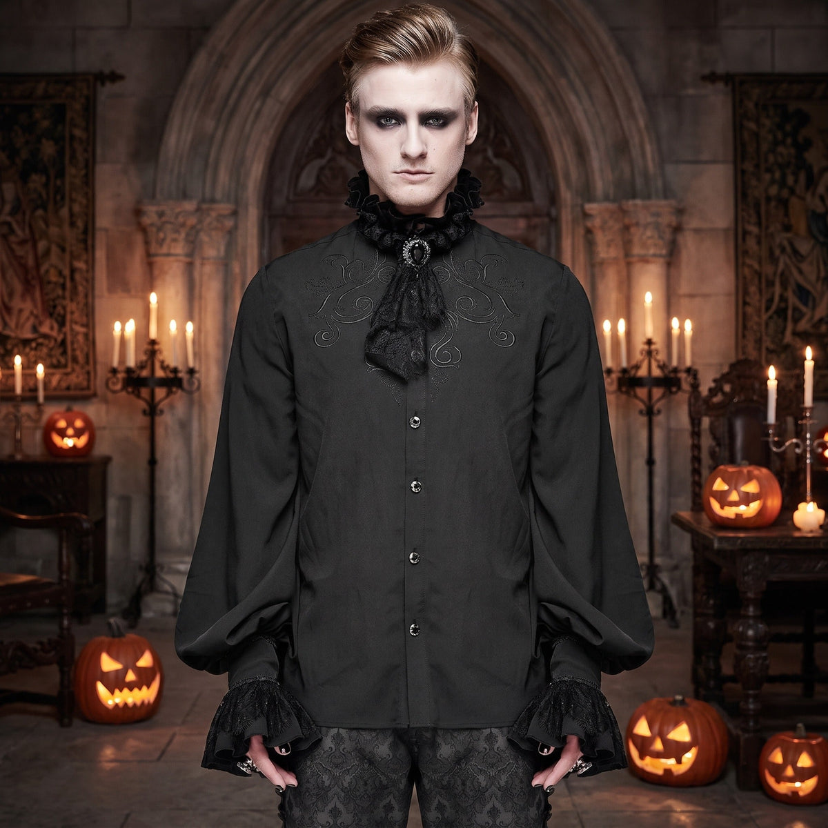 Gothic Hemd Herren | Abnehmbares Spitzenjabot | Brosche | Stickerei | Schwarz-Chaps Herrenmode