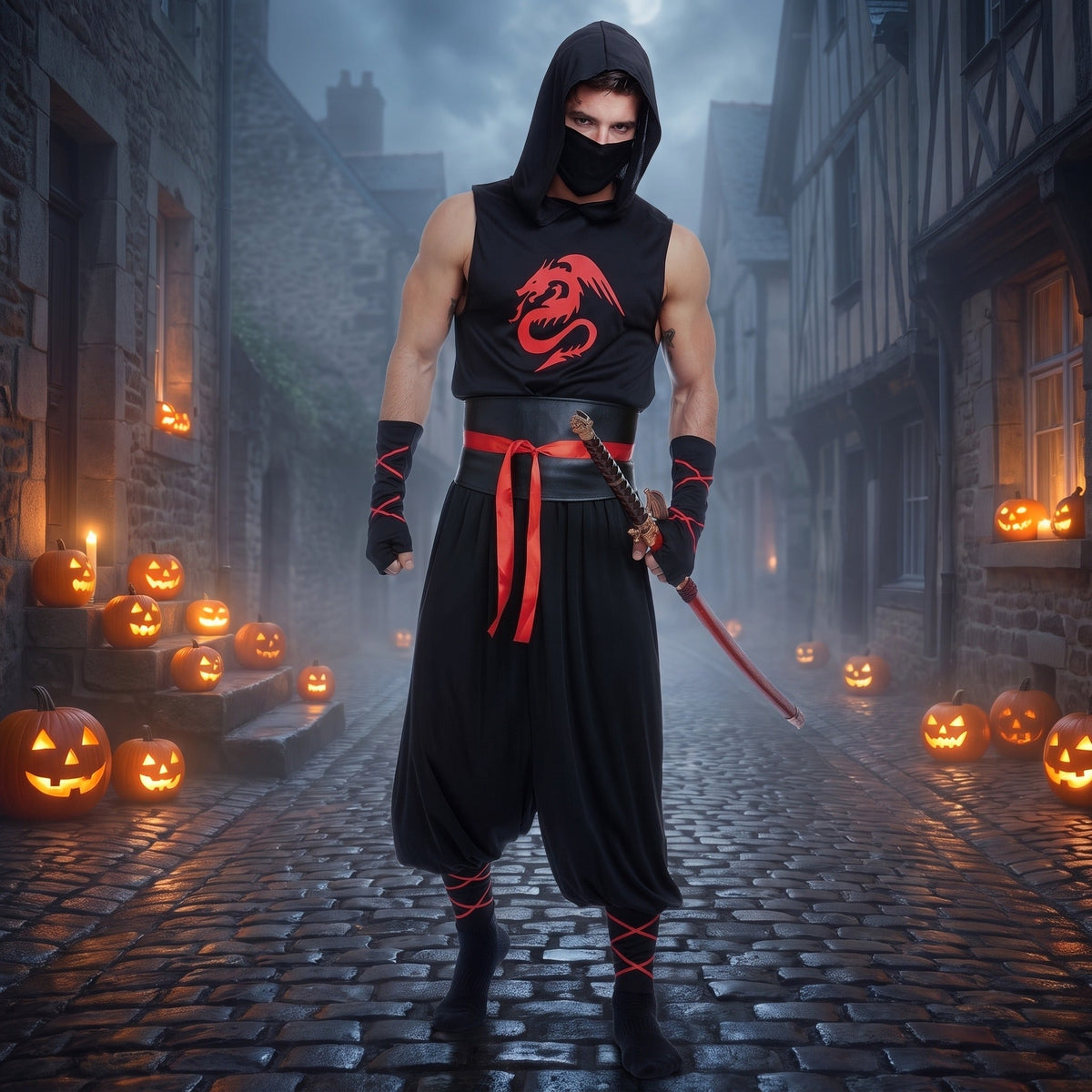 Ninja Kostüm Herren | Drachen Print | Maske | Gürtel | Hose