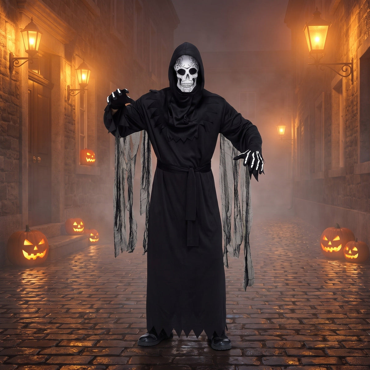 Sensenmann Kostüm Herren | Robe | Totenkopfmaske | Skelett Handschuhe