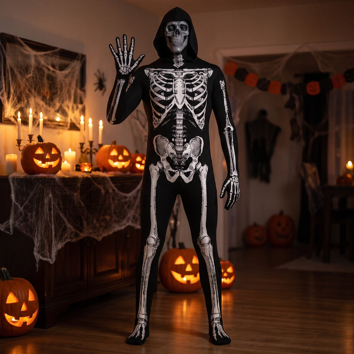 Skelett Onesie | Kapuze | Rückenreißverschluss | Halloween-Chaps Herrenmode