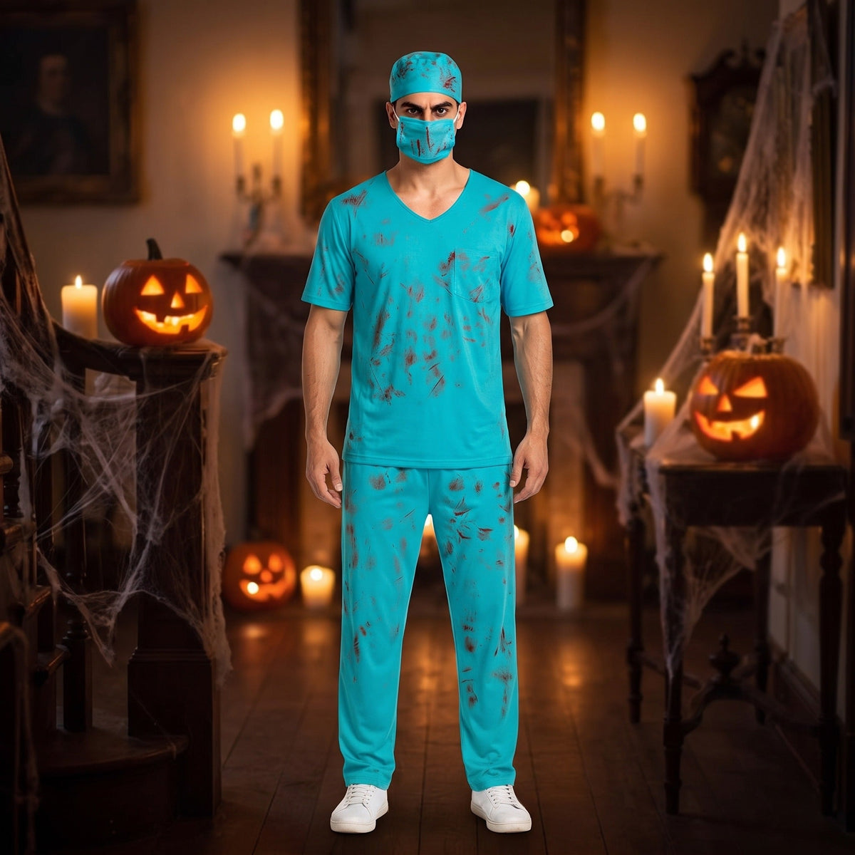 Zombie Arzt Kostüm | Blutiger Kasack | Hose | Haube | Mundschutz