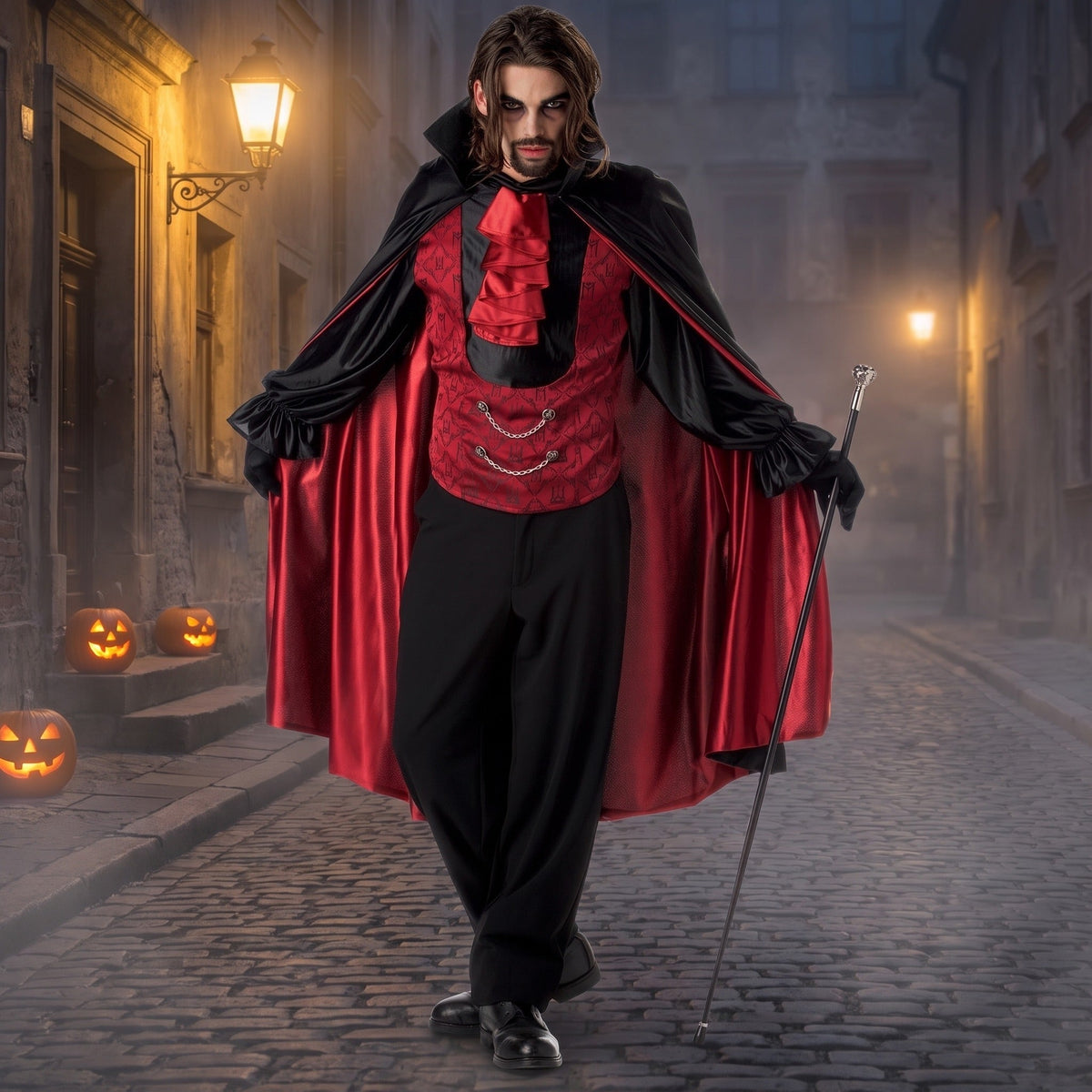 Dracula Kostüm Rot | Weste mit Ärmeln | Halstuch | Umhang