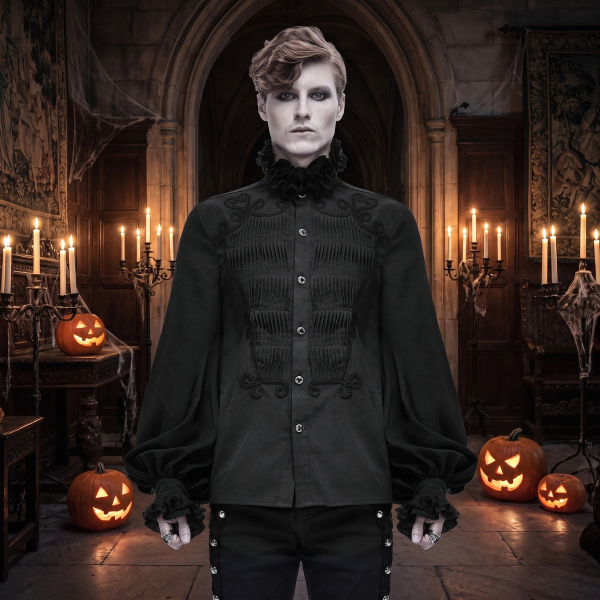 Gothic Rüschenhemd Herren | Plisseefront | Kordelornamente | Spitzenkragen | Schwarz-Chaps Herrenmode