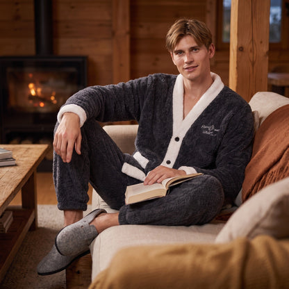 Schlafanzug Herren | Lang | Korallenfleece | Zweiteilig | Knopfjacke