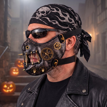 Steampunk Halbmaske | Zahnräder | Spikes | Nieten | Schwarz Gold