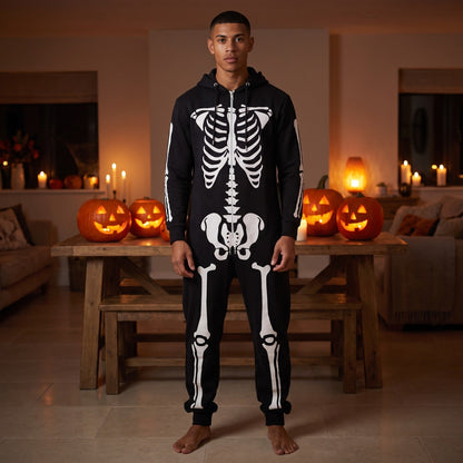 Skelett Kapuzenoverall Herren | Reißverschluss | Knochen Print | Schwarz-Chaps Herrenmode