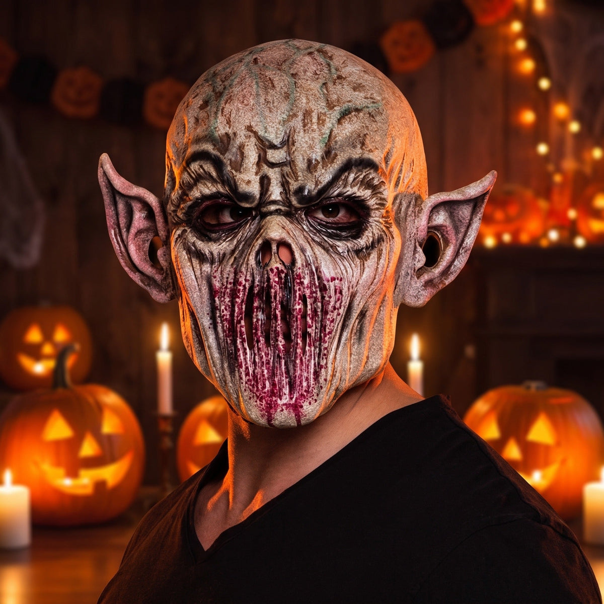Alien Monster Maske | Latex | Vollkopf | Spitze Ohren | Beige