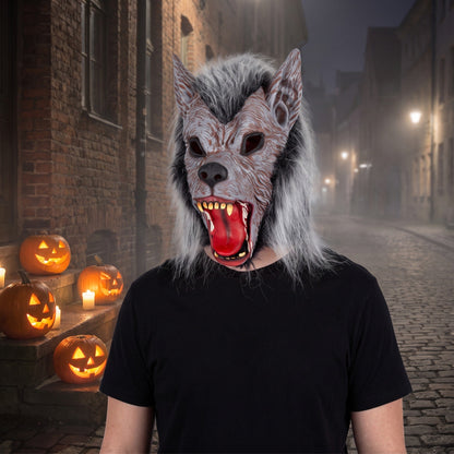 Werwolf Maske Grau | Latex | Kunstfell | Offenes Maul | Vollkopf