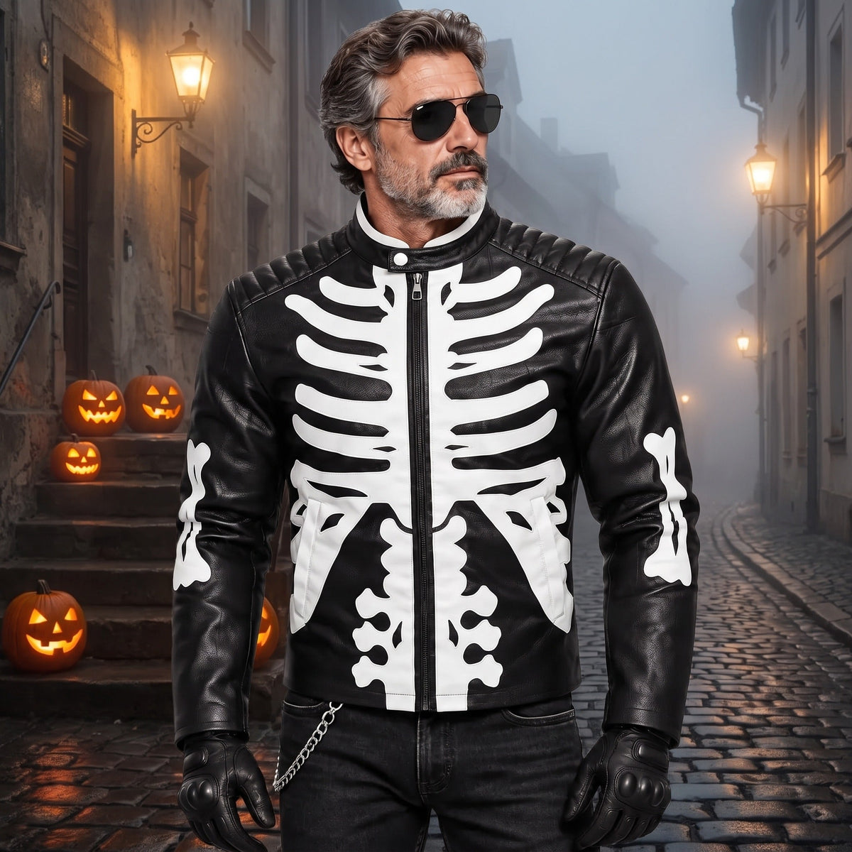 Skelett Bikerjacke Herren | Kunstleder | Knochen Applikationen | Schwarz-Chaps Herrenmode