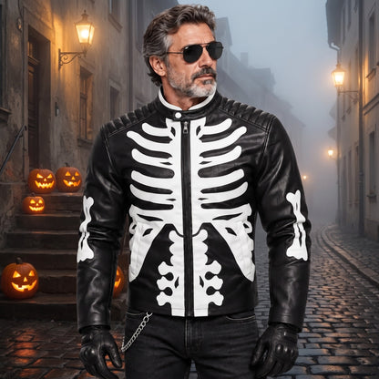 Skelett Bikerjacke Herren | Kunstleder | Knochen Applikationen | Schwarz-Chaps Herrenmode