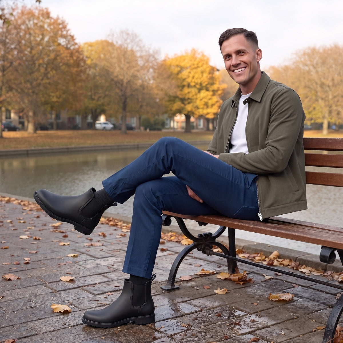Mann sitzt auf einer Parkbank am Kanal und trägt schwarze Chelsea-Gummistiefel