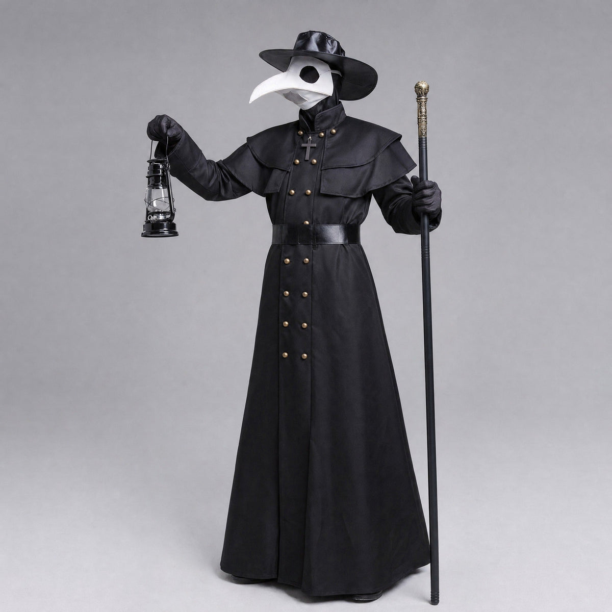 Pestdoktor Kostüm | Schnabelmaske | Hut | Langer Mantel mit Gürtel-Schwarz-S-Chaps Herrenmode