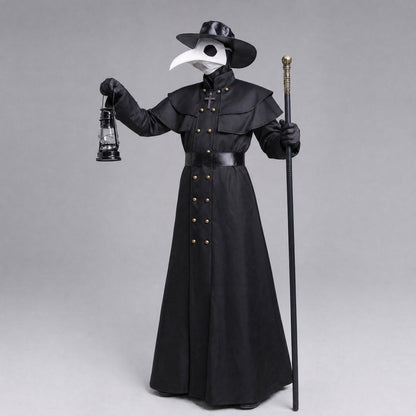 Pestdoktor Kostüm | Schnabelmaske | Hut | Langer Mantel mit Gürtel-Schwarz-S-Chaps Herrenmode