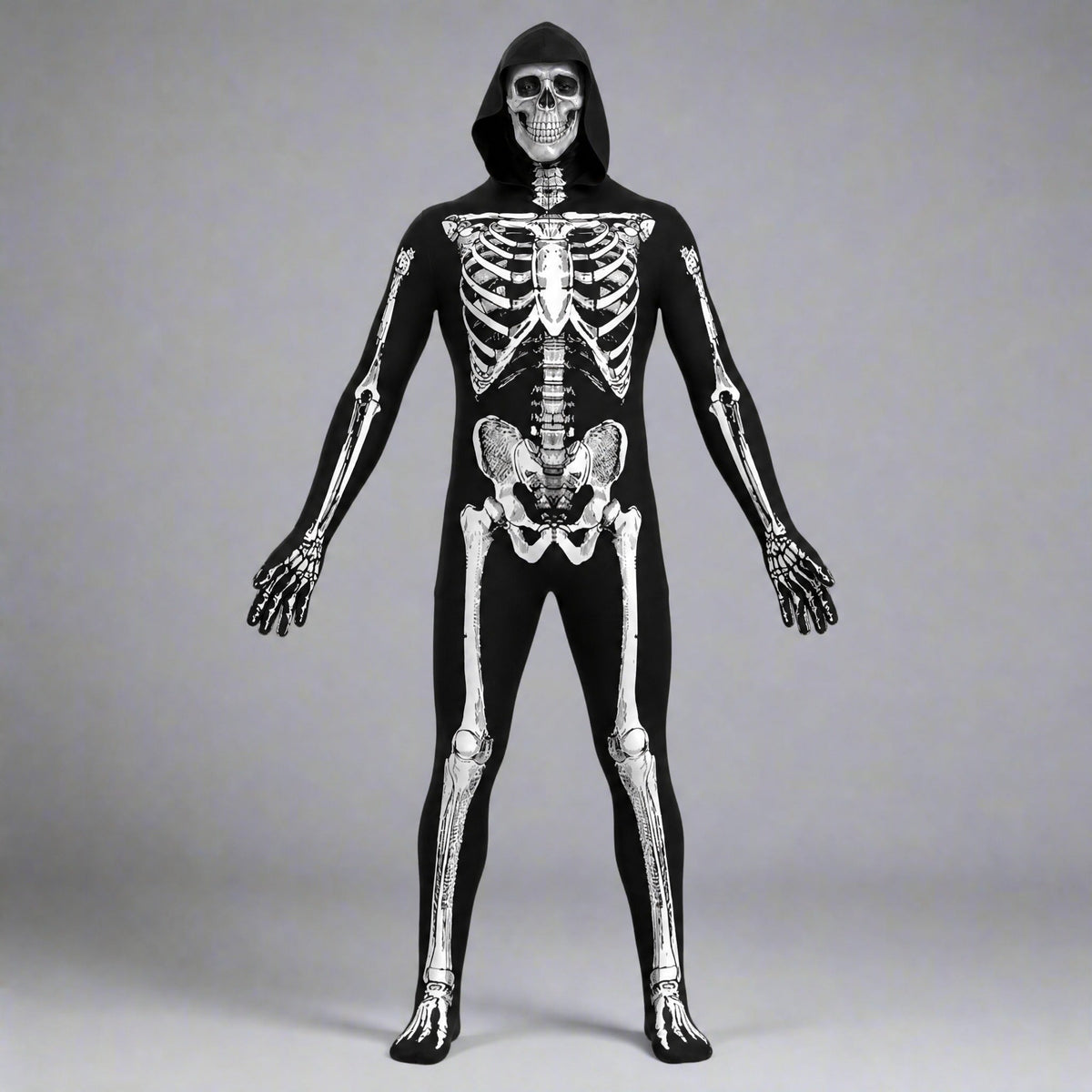 Skelett Onesie | Kapuze | Rückenreißverschluss | Halloween-Schwarz-XS-Chaps Herrenmode