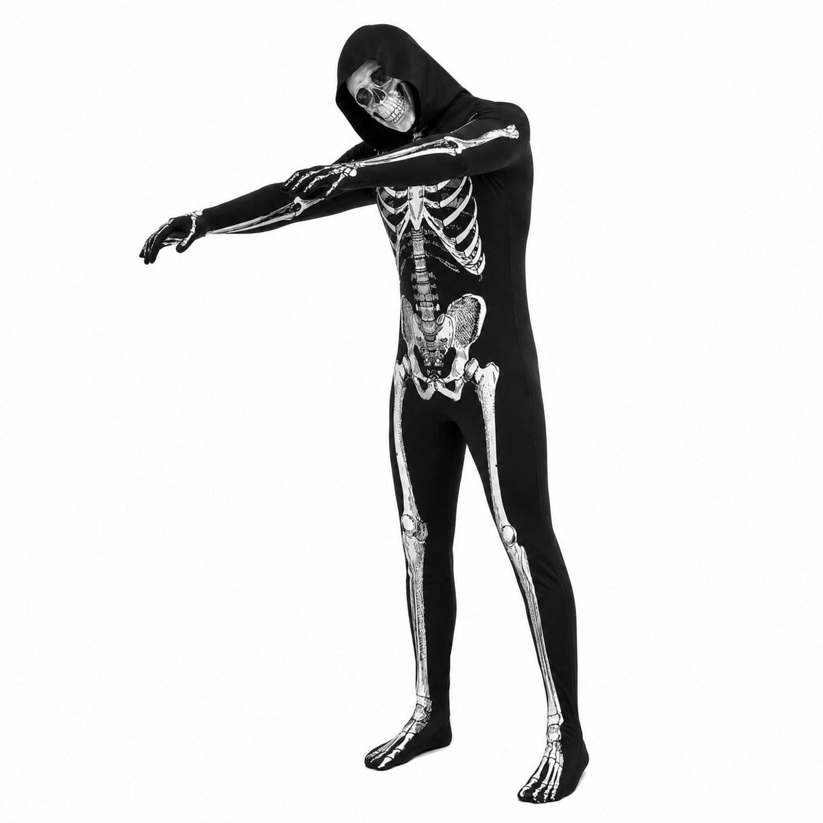 Skelett Onesie | Kapuze | Rückenreißverschluss | Halloween-Chaps Herrenmode
