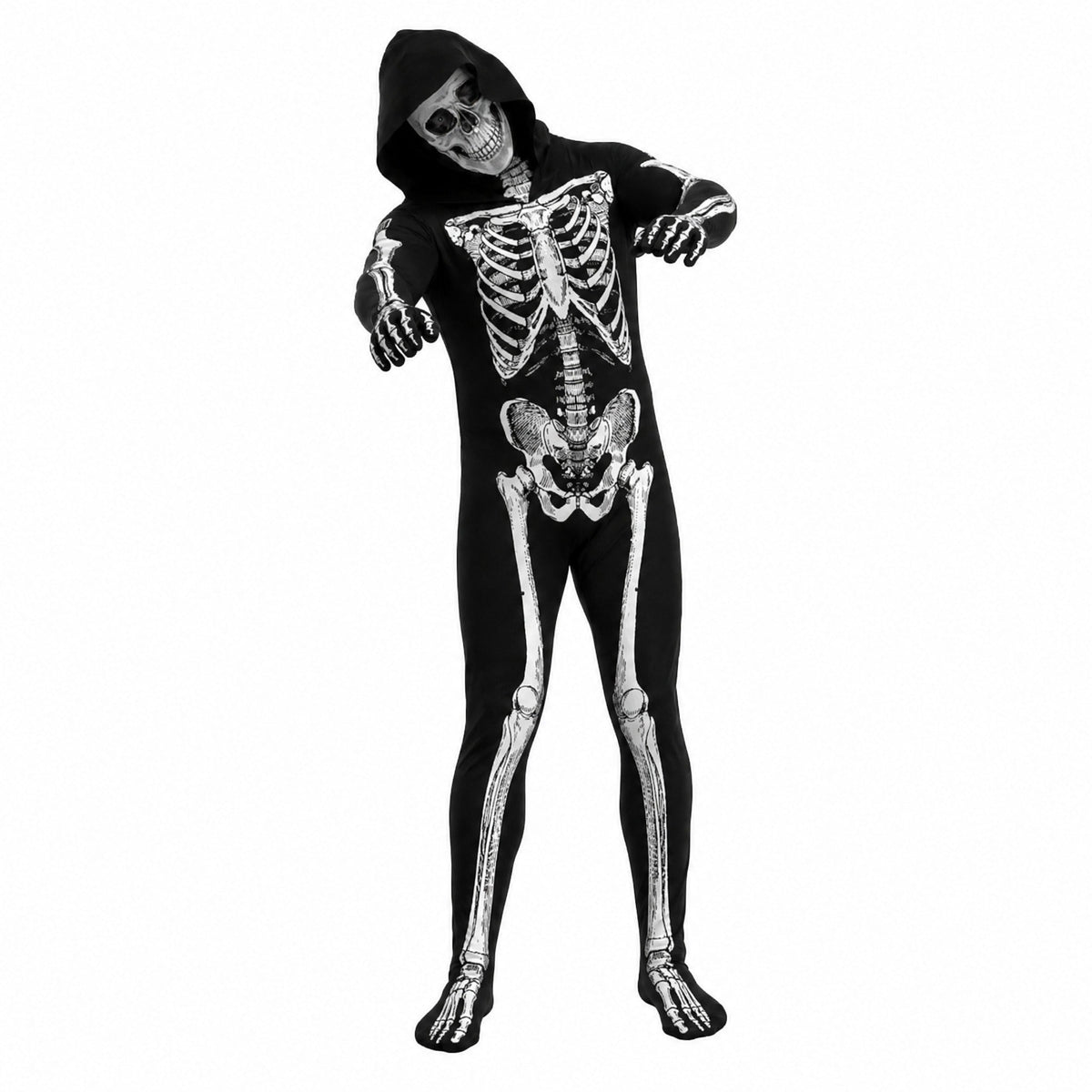 Skelett Onesie | Kapuze | Rückenreißverschluss | Halloween-Chaps Herrenmode