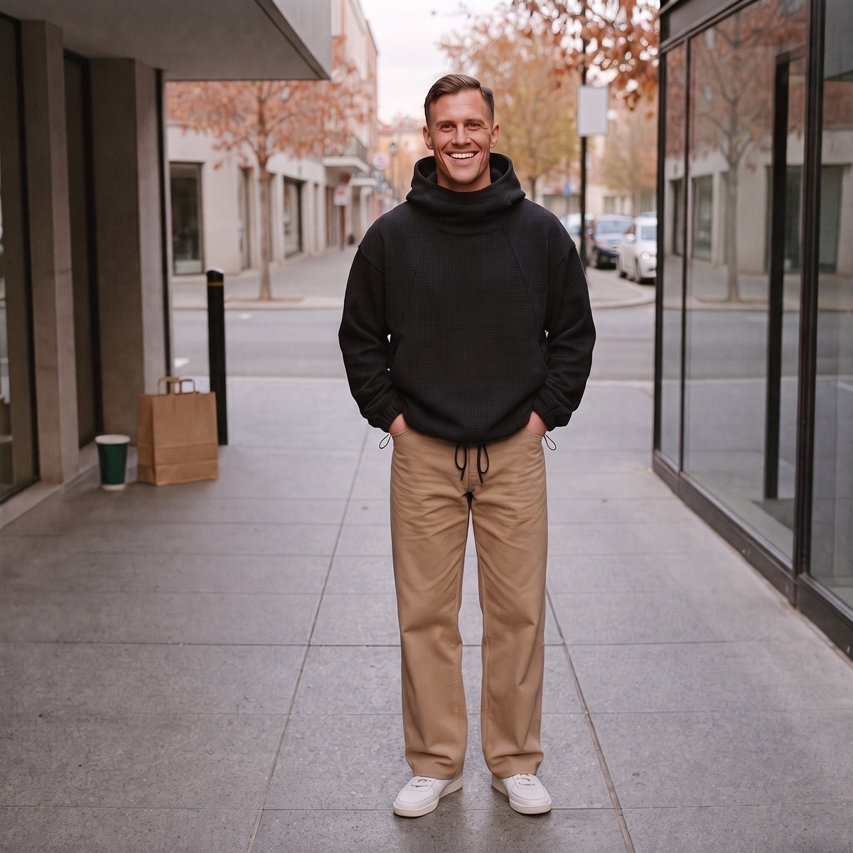Oversized Hoodie Herren | Waffelstruktur | Stehkragen | Kordelzug am Saum