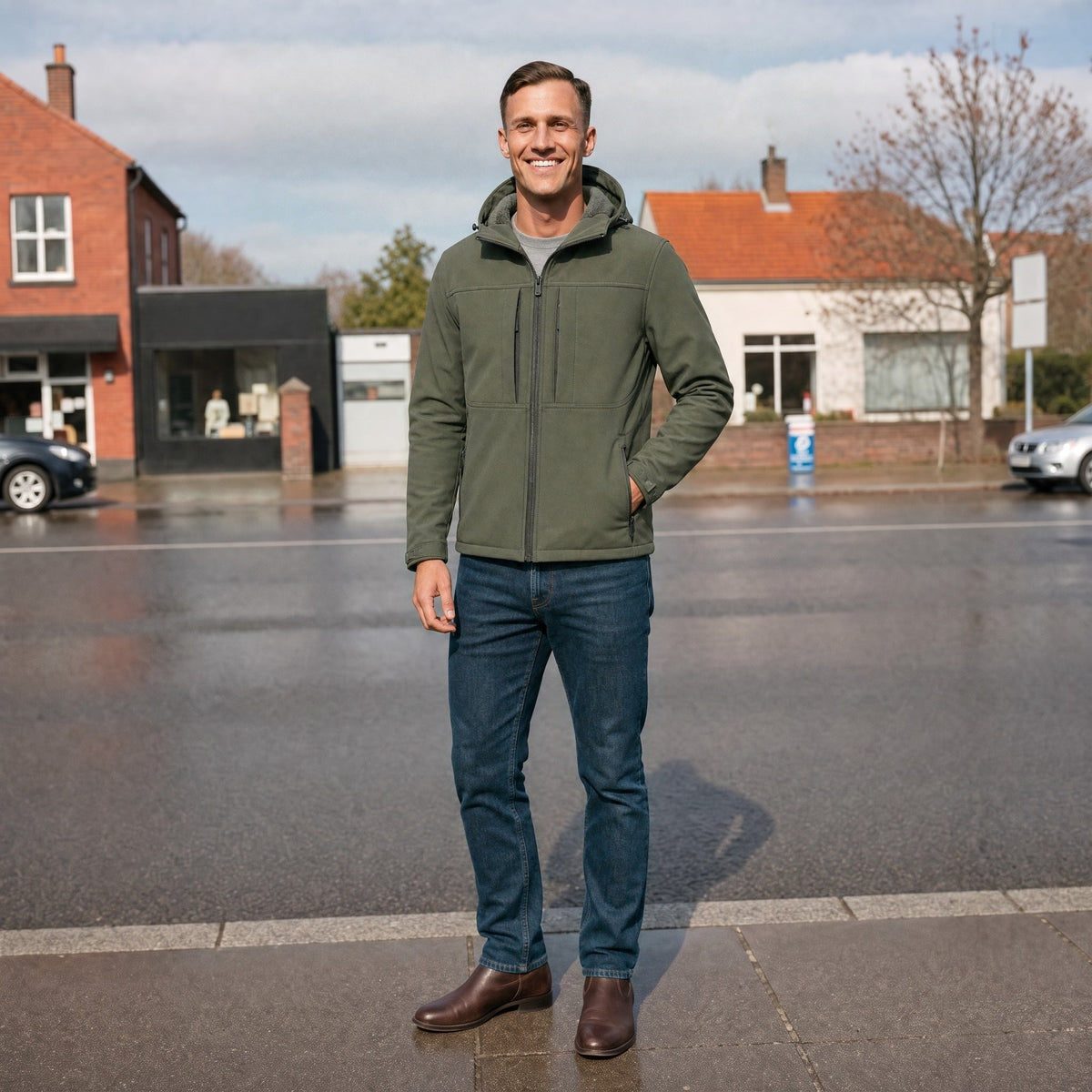 Leichte Softshelljacke Herren | Kapuze | Wasserabweisend | Vier Reißverschlusstaschen