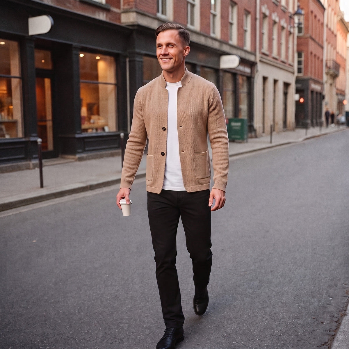 Strickjacke mit Stehkragen Herren | Knopfleiste | Strukturstrick | Taschen