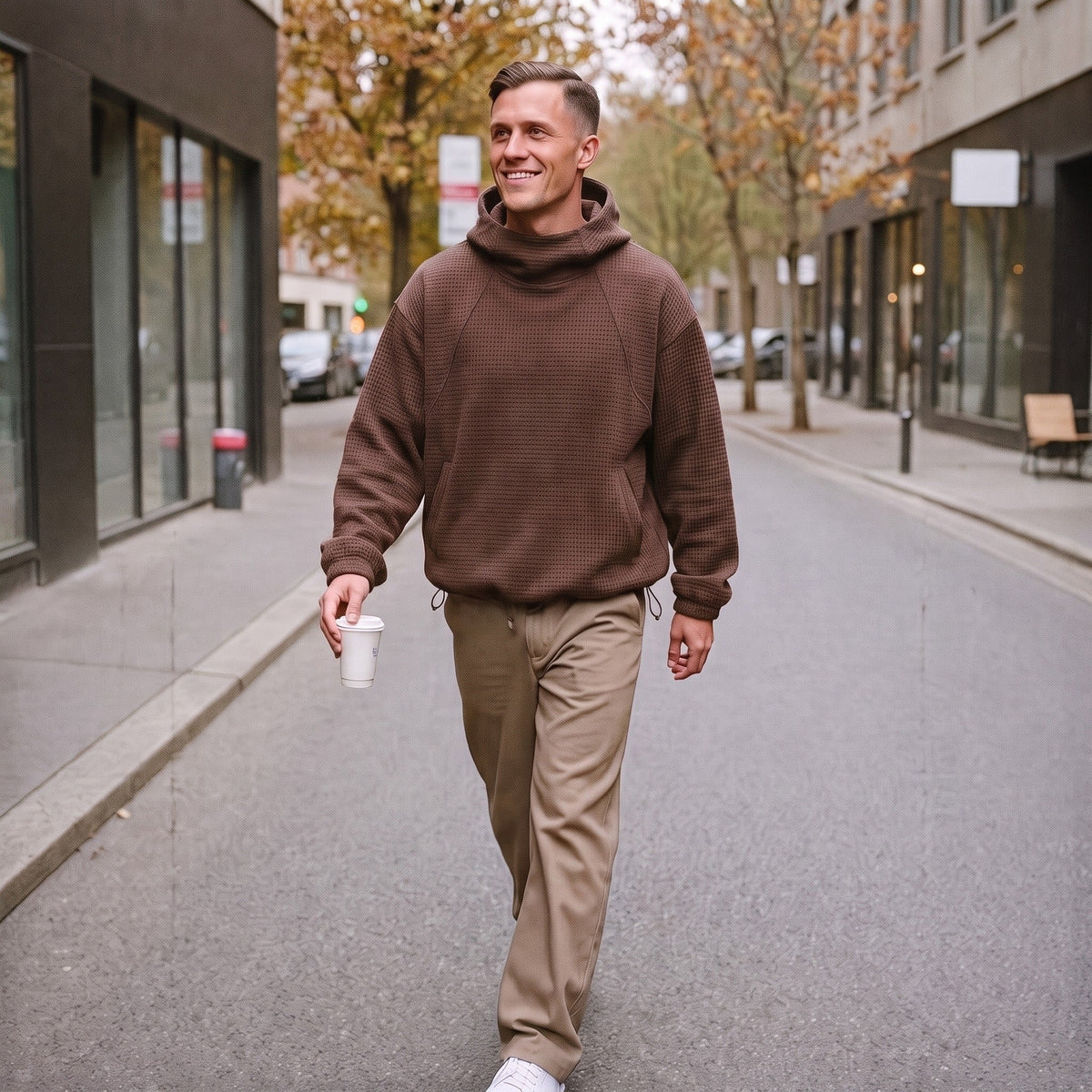 Oversized Hoodie Herren | Waffelstruktur | Stehkragen | Kordelzug am Saum