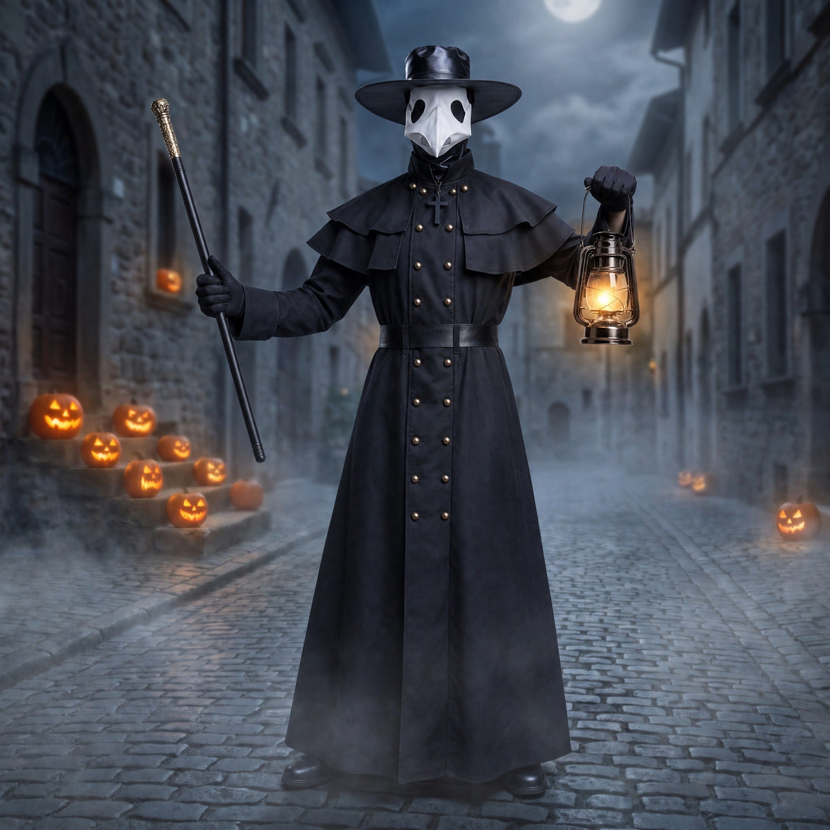 Pestdoktor Kostüm | Schnabelmaske | Hut | Langer Mantel mit Gürtel-Chaps Herrenmode