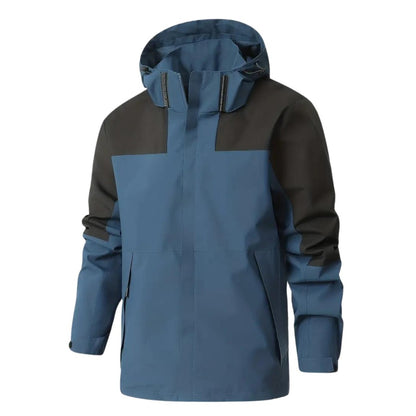 Blau-schwarze Regenjacke für Herren im Colour-Block-Look mit Kapuze