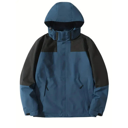 Blaue Regenjacke mit abnehmbarer Kapuze, Vorderseite